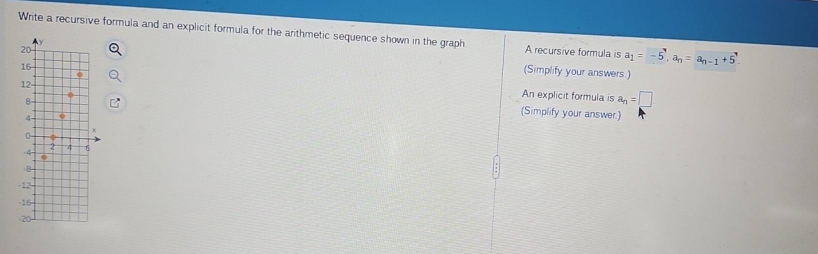 Write a recursive formula and an explicit formula for the arithmetic sequence shown in the graph. 
y 
20 A recursive formula is a_1=-5,a_n=a_n-1+5.+. 
(Simplify your answers.) 
12- 
16 An explicit formula is a_n=□.
8
4
(Simplify your answer.)
0
-4 2 4
8
-12
-16
-20