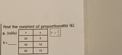 Find the constant of proportionality (k). 
6. (table k= y/x 
k= _