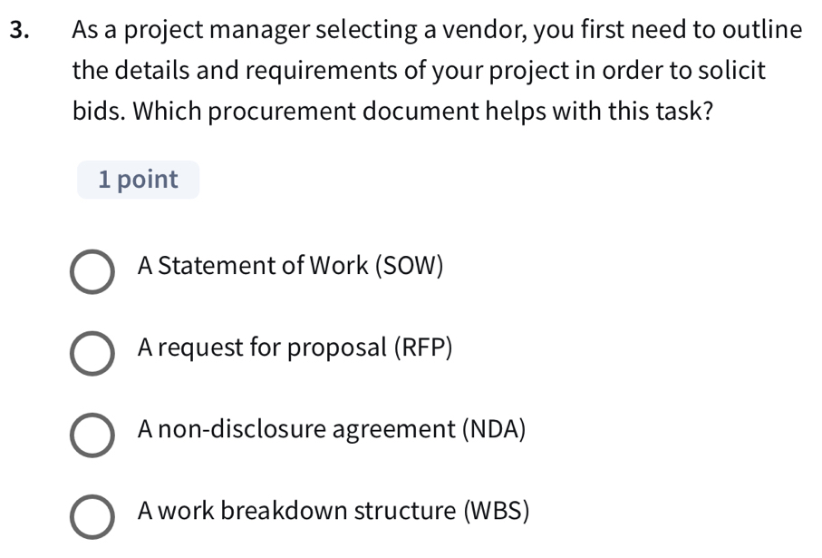 Solved: As a project manager selecting a vendor, you first need to ...