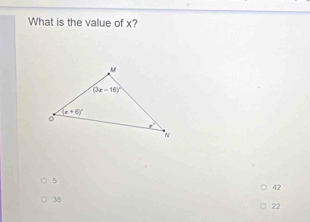 What is the value of x?
5
42
38
22