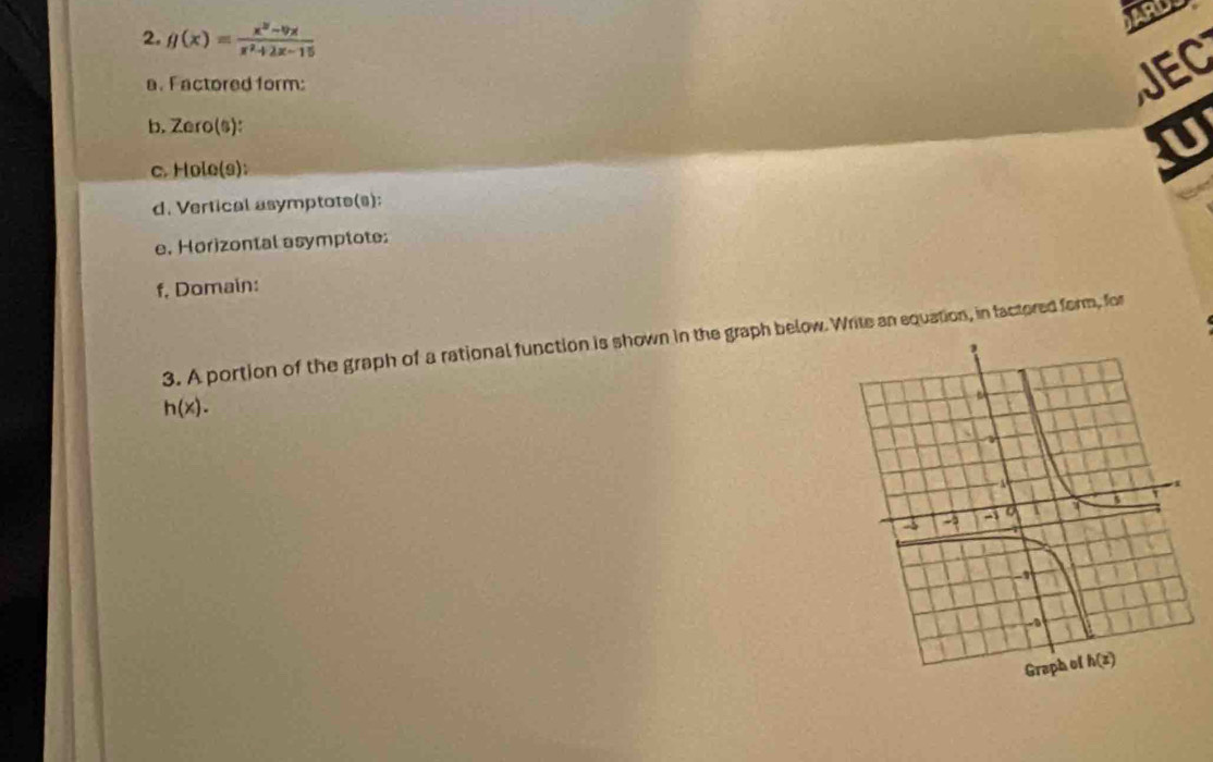 g(x)= (x^2-vx)/x^2+2x-15 
a. Factored form:
JEC
b. Zero(s):
c. Hole(s):
U
d. Vertical asymptots(s):
e. Horizontal asymptote:
f, Domain:
3. A portion of the graph of a rational function is shown in the graph below. Write an equation, in factored form, for
h(x).