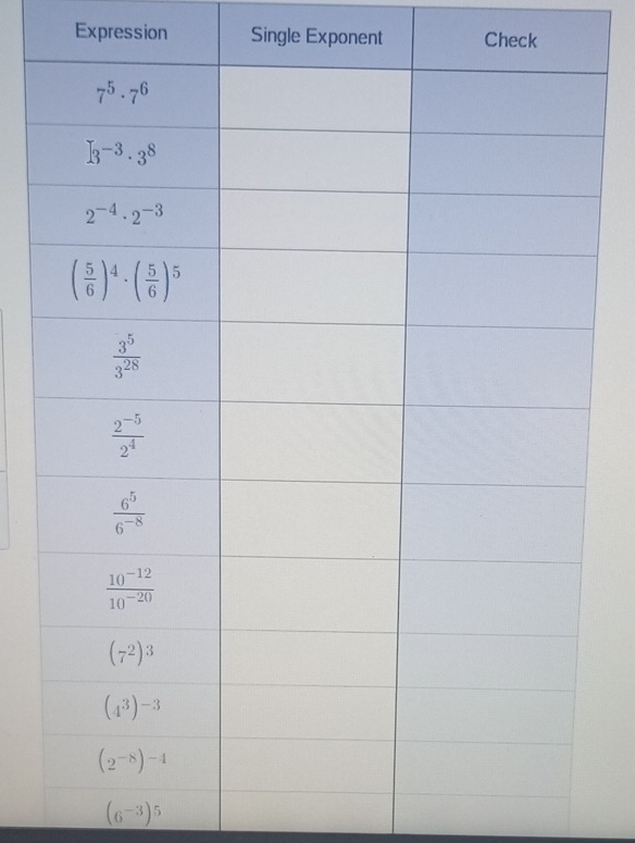 Expression Single Exponent Check
(6^(-3))^5