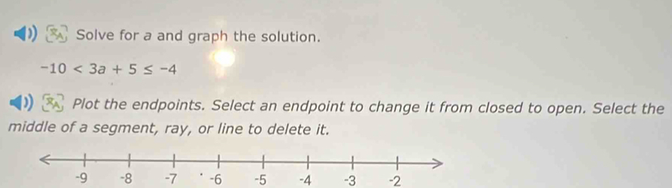 Solve for a and graph the solution.
-10<3a+5≤ -4
Plot the endpoints. Select an endpoint to change it from closed to open. Select the 
middle of a segment, ray, or line to delete it.
-4 -3 -2