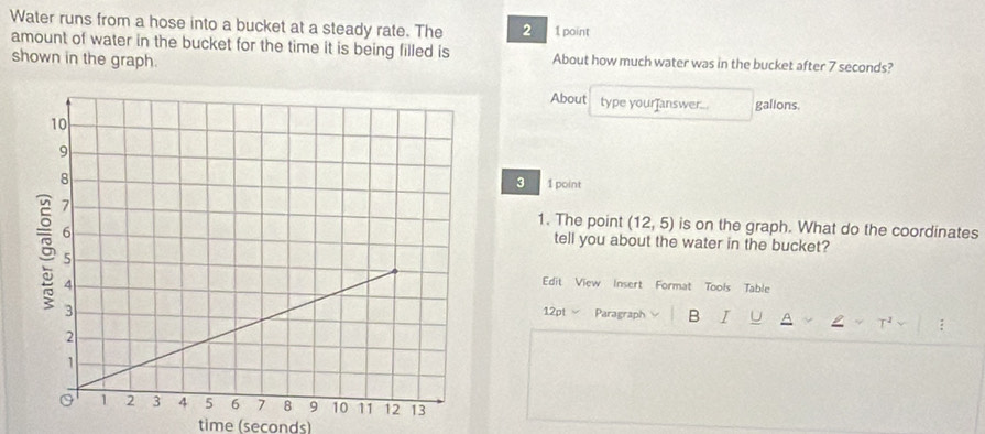 Water runs from a hose into a bucket at a steady rate. The 2 1 point 
amount of water in the bucket for the time it is being filled is About how much water was in the bucket after 7 seconds? 
shown in the graph. 
About type your answer... galions. 
3 1 point 
1. The point (12,5) is on the graph. What do the coordinates 
tell you about the water in the bucket? 
Edit View Insert Format Tools Table 
12pt Paragraph B I U 
time (seconds)