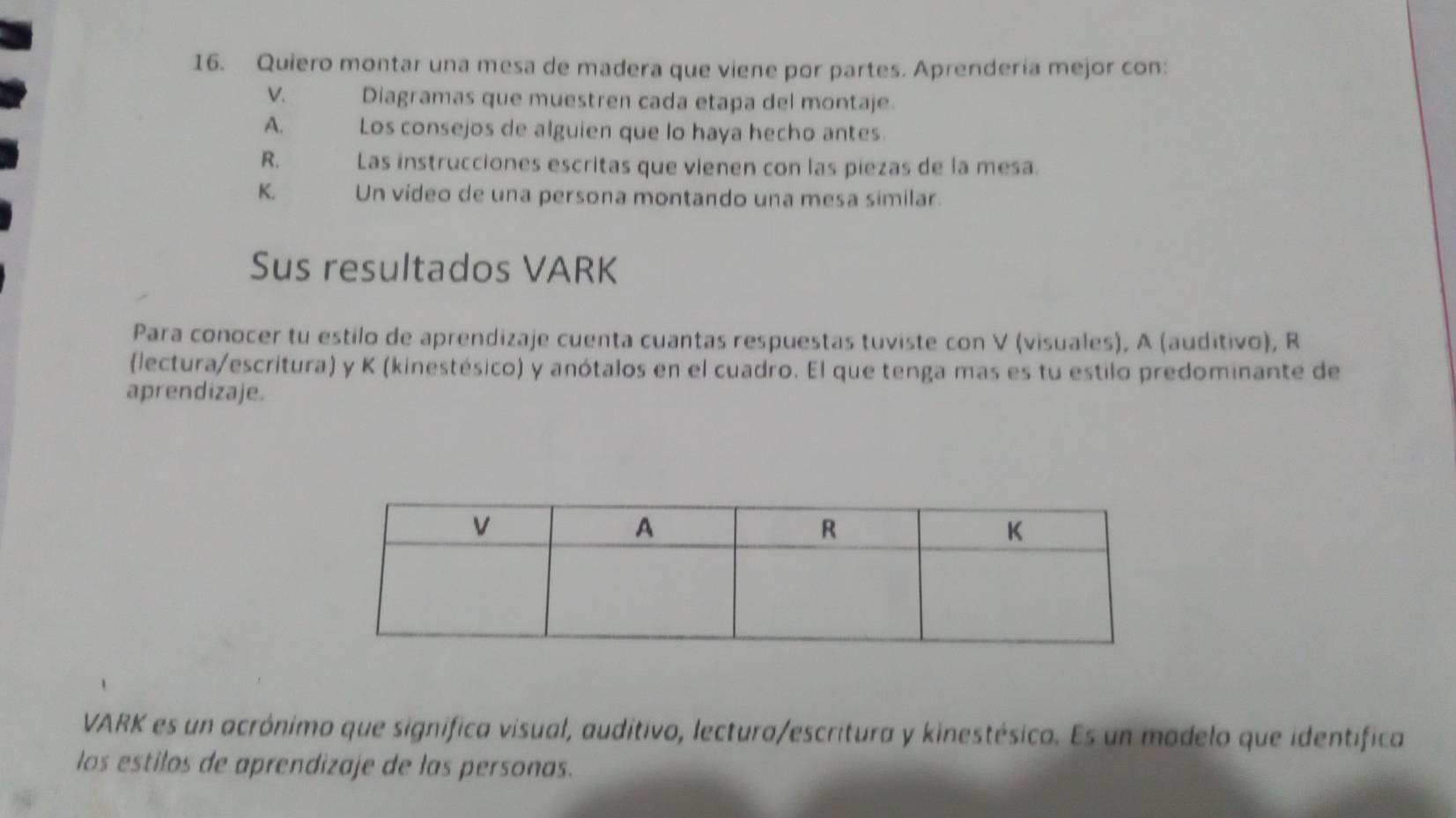 Quiero montar una mesa de madera que viene por partes. Aprendería mejor con: 
V. Diagramas que muestren cada etapa del montaje. 
A. Los consejos de alguien que lo haya hecho antes. 
R. Las instrucciones escritas que vienen con las piezas de la mesa. 
K. Un video de una persona montando una mesa similar. 
Sus resultados VARK 
Para conocer tu estilo de aprendizaje cuenta cuantas respuestas tuviste con V (visuales), A (auditivo), R 
(lectura/escritura) y K (kinestésico) y anótalos en el cuadro. El que tenga mas es tu estilo predominante de 
aprendizaje. 
VARK es un acrónimo que signífica visual, auditivo, lectura/escritura y kinestésico. Es un modelo que identífica 
los estilos de aprendizaje de las personas.