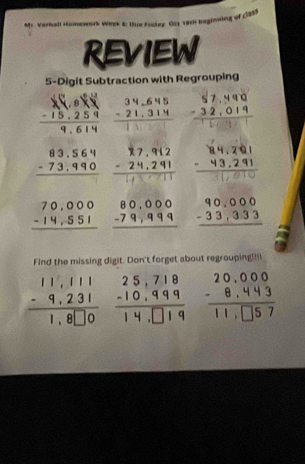 Mr. Varhall Homework Week 8: Due Fruday. Ory 18th beginning of class 
REVIEW 
5-Digit Subtraction with Regrouping 
beginarrayr _ _14.054 -15.259 hline 9.614endarray  beginarrayr 34,645 -21,314 hline endarray beginarrayr 57,490 -32,019 hline 11,91endarray
beginarrayr 83,564 -73,990 hline endarray beginarrayr 7.7.912 -24.291 hline endarray beginarrayr 764,291 -43,291 hline 31,010endarray
beginarrayr 70,000 -14,551 hline endarray beginarrayr 80,000 -79,999 hline endarray beginarrayr 90,000 -33,333 hline endarray
Find the missing digit. Don't forget about regrouping!!
beginarrayr 11,111 -9,231 hline 1,8□ 0endarray beginarrayr 25,718 -10,999 hline 14,□ 19endarray beginarrayr 20,000 -8,443 hline 11,□ 57endarray