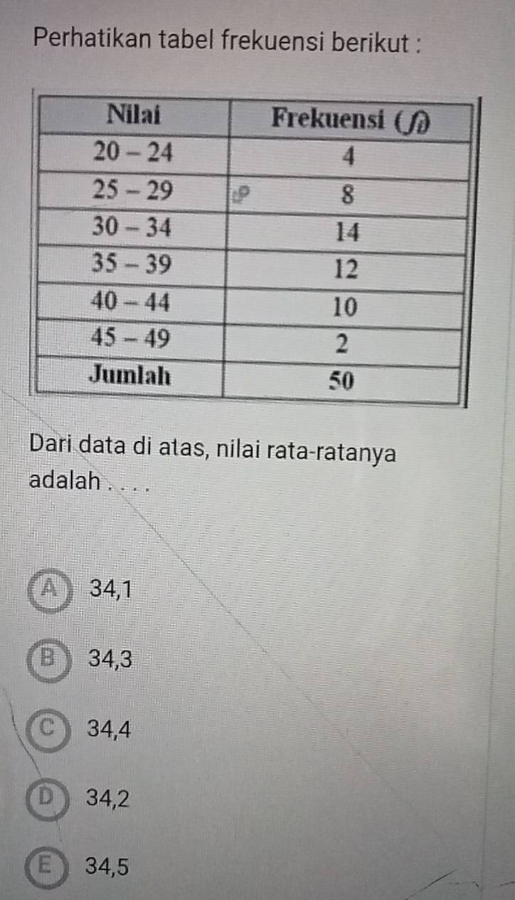 Perhatikan tabel frekuensi berikut :
Dari data di atas, nilai rata-ratanya
adalah . . . .
A 34, 1
B 34, 3
C 34, 4
D 34, 2
E 34, 5