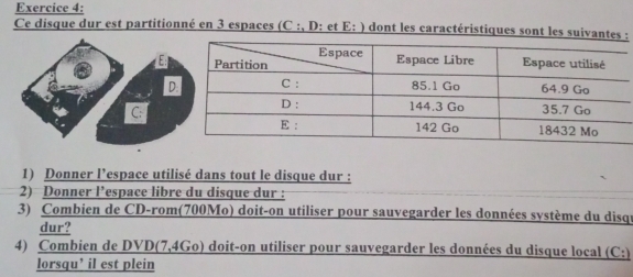 Ce disque dur est partitionné en 3 espaces (C :, D: et E : : dont les caractéristiques sont les suivantes:  
8 
D 
C: 
1) Donner l’espace utilisé dans tout le disque dur : 
2) Donner l’espace libre du disque dur : 
3) Combien de CD-rom(700Mo) doit-on utiliser pour sauvegarder les données système du disqu 
dur? 
4) Combien de DVD(7,4Go) doit-on utiliser pour sauvegarder les données du disque local (C:) 
lorsqu’ il est plein