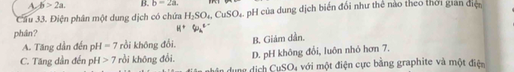 A b>2a. 
B. b=2a. 
Câu 33. Điện phân một dung dịch có chứa H_2SO_4, CuSO_4 - pH của dung dịch biến đối như thể nào theo thời gian điện
phân?
A. Tăng dần đến pH=7 rồi không đổi. B. Giảm dần.
C. Tăng dần đến pH 7 rồi không đổi. D. pH không đổi, luôn nhỏ hơn 7.
dung dịch CuSO₄ với một điện cực bằng graphite và một điện