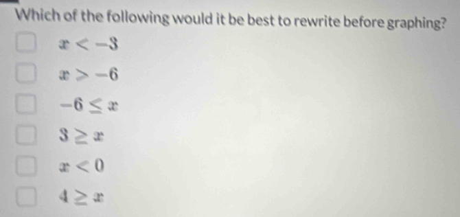Which of the following would it be best to rewrite before graphing?
x
x≥slant -6
-6≤ x
3≥ x
x<0</tex>
4≥ x