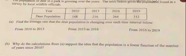 The population of deer in a park is growing over the years. The table below gives the population found in a 
survey by local wildlife officials. 
(a) Find changing over each time interval below: 
From 2010 to 2013 From 2013 to 2016 From 2016 to 2019
(b) Why do the calculations from (a) support the idea that the population is a linear function of the number 
of years since 2010?