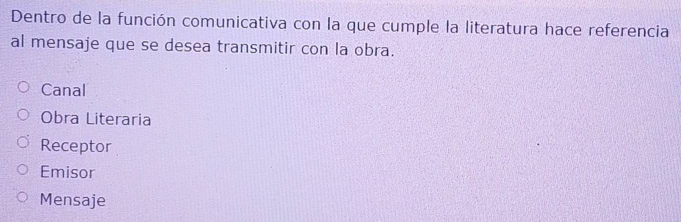 Dentro de la función comunicativa con la que cumple la literatura hace referencia
al mensaje que se desea transmitir con la obra.
Canal
Obra Literaria
Receptor
Emisor
Mensaje