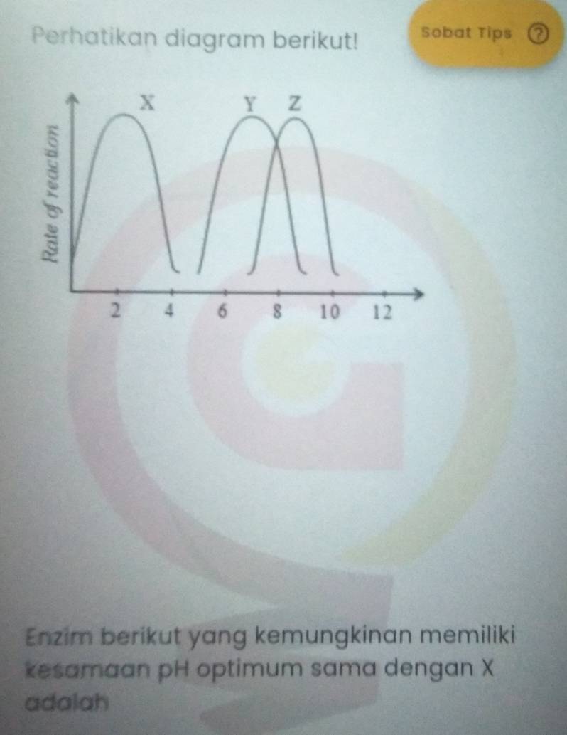 Perhatikan diagram berikut! Sobat Tips ② 
Enzim berikut yang kemungkinan memiliki 
kesamaan pH optimum sama dengan X
adalah