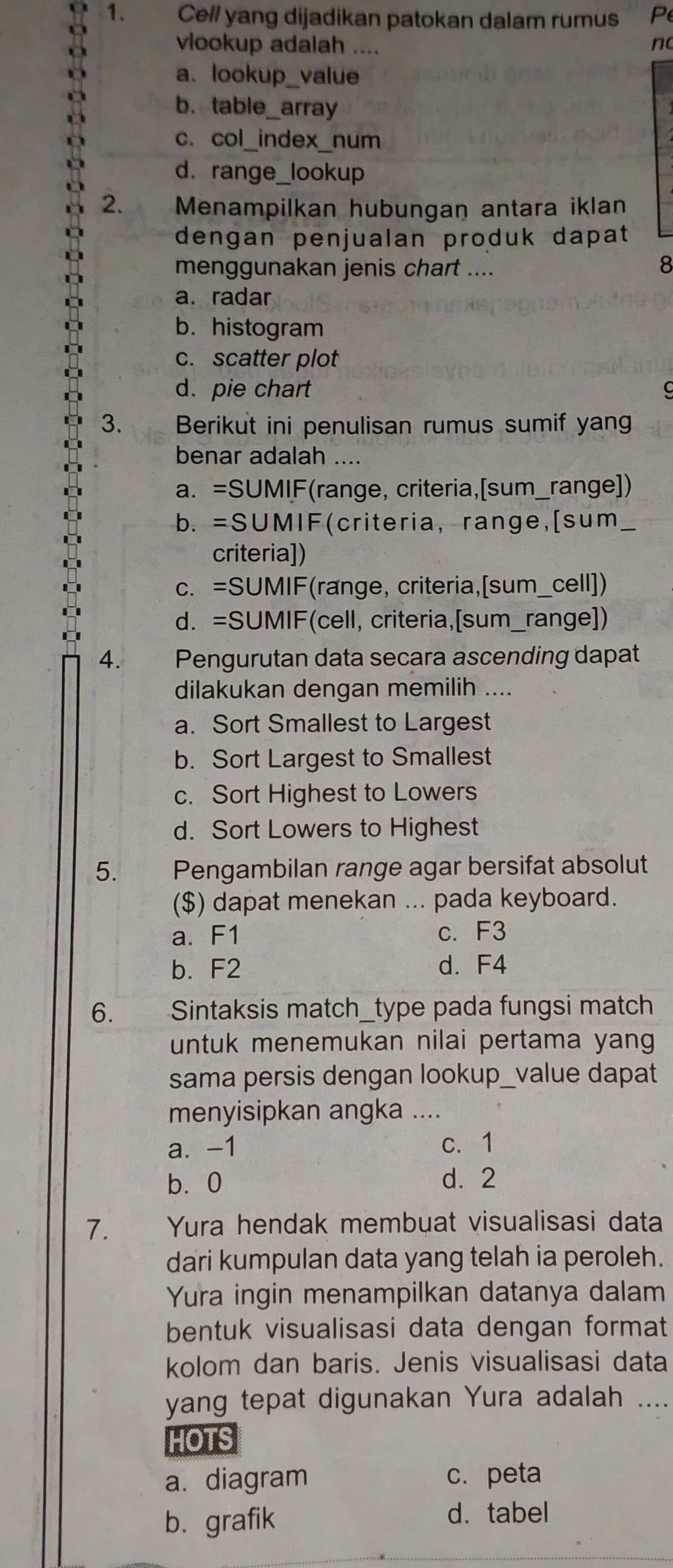 Cell yang dijadikan patokan dalam rumus Pe
vlookup adalah .... no
a. lookup_value
b. table_array
c. col_index_num
d. range_lookup
2. Menampilkan hubungan antara iklan
dengan penjualan produk dapat
menggunakan jenis chart ....
8
a. radar
b. histogram
c. scatter plot
d. pie chart C
3. Berikut ini penulisan rumus sumif yan
benar adalah ....
a. =SUMIF(range, criteria,[sum_range])
b. =SUMIF(criteria, range,[sum__
criteria])
c. =SUMIF(range, criteria,[sum_cell])
d. =SUMIF(cell, criteria,[sum_range])
4. Pengurutan data secara ascending dapat
dilakukan dengan memilih ....
a. Sort Smallest to Largest
b. Sort Largest to Smallest
c. Sort Highest to Lowers
d. Sort Lowers to Highest
5. Pengambilan range agar bersifat absolut
($) dapat menekan ... pada keyboard.
a. F1 c. F3
b. F2 d. F4
6. a Sintaksis match_type pada fungsi match
untuk menemukan nilai pertama yang
sama persis dengan lookup_value dapat
menyisipkan angka ....
a. -1 c. 1
b⩾ 0 d. 2
7. Yura hendak membuat visualisasi data
dari kumpulan data yang telah ia peroleh.
Yura ingin menampilkan datanya dalam
bentuk visualisasi data dengan format
kolom dan baris. Jenis visualisasi data
yang tepat digunakan Yura adalah ....
HOTS
a. diagram c. peta
b. grafik
d. tabel