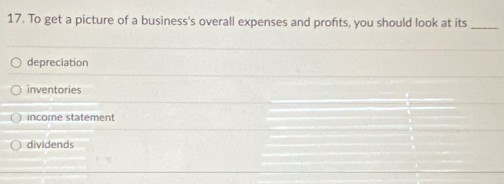 To get a picture of a business's overall expenses and profits, you should look at its_
depreciation
inventories
income statement
dividends