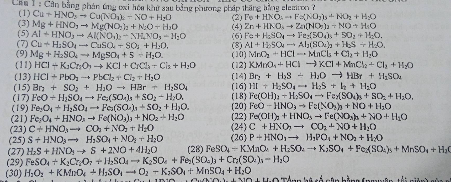 Cầu 1 : Cần bằng phản ứng oxi hóa khử sau bằng phương pháp thăng bằng electron ?
(1) Cu+HNO_3to Cu(NO_3)_2+NO+H_2O (2) Fe+HNO_3to Fe(NO_3)_3+NO_2+H_2O
(3) Mg+HNO_3to Mg(NO_3)_2+N_2O+H_2O
(4) Zn+HNO_3to Zn(NO_3)_2+NO+H_2O
(5) Al+HNO_3to Al(NO_3)_2+NH_4NO_3+H_2O (6) Fe+H_2SO_4to Fe_2(SO_4)_3+SO_2+H_2O.
(7) Cu+H_2SO_4to CuSO_4+SO_2+H_2O. (8) Al+H_2SO_4to Al_2(SO_4)_3+H_2S+H_2O.
(9) Mg+H_2SO_4to MgSO_4+S+H_2O. (10) MnO_2+HClto MnCl_2+Cl_2+H_2O
(11) HCl+K_2Cr_2O_7to KCl+CrCl_3+Cl_2+H_2O (12) KMnO_4+HClto KCl+MnCl_2+Cl_2+H_2O
(13) HCl+PbO_2to PbCl_2+Cl_2+H_2O (14) Br_2+H_2S+H_2Oto HBr+H_2SO_4
(15) Br_2+SO_2+H_2Oto HBr+H_2SO_4 (16) HI+H_2SO_4to H_2S+I_2+H_2O
(17) FeO+H_2SO_4to Fe_2(SO_4)_3+SO_2+H_2O. (18) Fe(OH)_2+H_2SO_4to Fe_2(SO_4)_3+SO_2+H_2O.
(19) Fe_3O_4+H_2SO_4to Fe_2(SO_4)_3+SO_2+H_2O. (20) FeO+HNO_3to Fe(NO_3)_3+NO+H_2O
(22)
(21) Fe_3O_4+HNO_3to Fe(NO_3)_3+NO_2+H_2O Fe(OH)_2+HNO_3to Fe(NO_3)_3+NO+H_2O
(23) C+HNO_3to CO_2+NO_2+H_2O (24) C+HNO_3to CO_2+NO+H_2O
(25) S+HNO_3to H_2SO_4+NO_2+H_2O (26) P+HNO_3to H_3PO_4+NO_2+H_2O
(27) H_2S+HNO_3to S+2NO+4H_2O
(28)FeSO_4+KMnO_4+H_2SO_4to K_2SO_4+Fe_2(SO_4)_3+MnSO_4+H_2O
(29) FeSO_4+K_2Cr_2O_7+H_2SO_4to K_2SO_4+Fe_2(SO_4)_3+Cr_2(SO_4)_3+H_2O
(30) H_2O_2+KMnO_4+H_2SO_4to O_2+K_2SO_4+MnSO_4+H_2O
Cu(10)+10+110 Tổng bệ số cân bằng (nguyên, tối giản) s