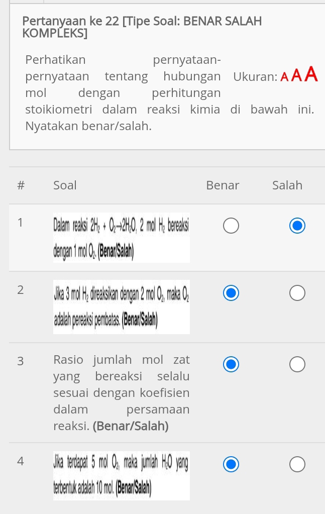 Pertanyaan ke 22 [Tipe Soal: BENAR SALAH 
KOMPLEKS] 
Perhatikan pernyataan- 
pernyataan tentang hubungan Ukuran: A AA 
mol dengan perhitungan 
stoikiometri dalam reaksi kimia di bawah ini. 
Nyatakan benar/salah. 
# Soal Benar Salah 
1 Dalam reaksi 2H₂ + O₂→2H₂O, 2 mol H₂ bereaksi 
dengan 1 mol O₂. (Benar/Salah) 
2 Jika 3 mol H₃ direakikan dengan 2 mo O; mka; 
adalah pereaksi ebatas. (Benar/Salah) 
3 Rasio jumlah mol zat 
yang bereaksi selalu 
sesuai dengan koefisien 
dalam persamaan 
reaksi. (Benar/Salah) 
4 Jika terdapat 5 mol O₃, maka jumlah H₂O yang 
terbentuk adalah 10 mol. (Benar/Salah)