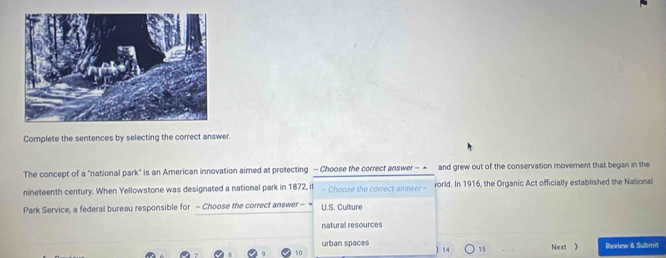 Complete the sentences by selecting the correct answer.
The concept of a "national park" is an American innovation aimed at protecting - Choose the correct answer − ▲ and grew out of the conservation movement that began in the
nineteenth century. When Yellowstone was designated a national park in 1872, it - Choose the correct answer - vorld. In 1916, the Organic Act officially established the National
Park Service, a federal bureau responsible for -- Choose the correct answer - U.S. Culture
natural resources
urban spaces . . . Next 》
10 Review & Submit
) 14 15