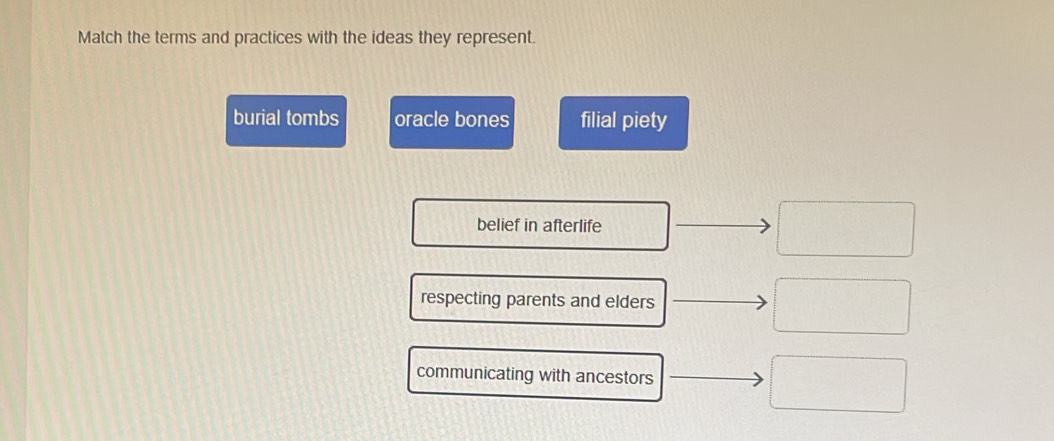 Match the terms and practices with the ideas they represent.
burial tombs oracle bones filial piety
belief in afterlife
respecting parents and elders
communicating with ancestors