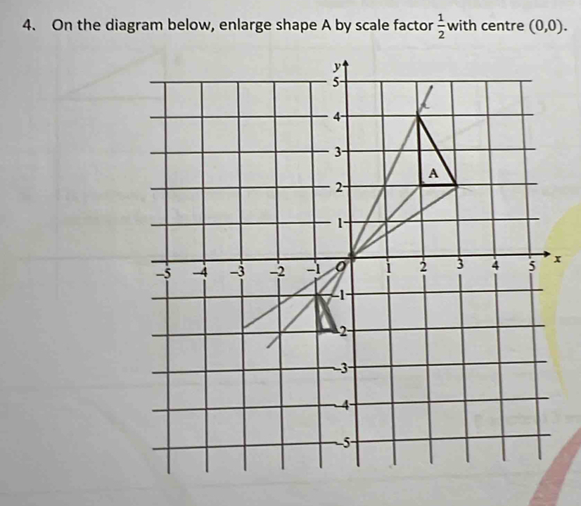 On the diagram below, enlarge shape A by scale factor  1/2  with centre (0,0).