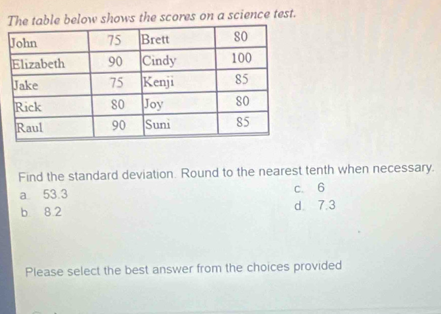 The table below shows the scores on a science test.
Find the standard deviation. Round to the nearest tenth when necessary.
a 53.3
c. 6
b 8.2 d 7.3
Please select the best answer from the choices provided