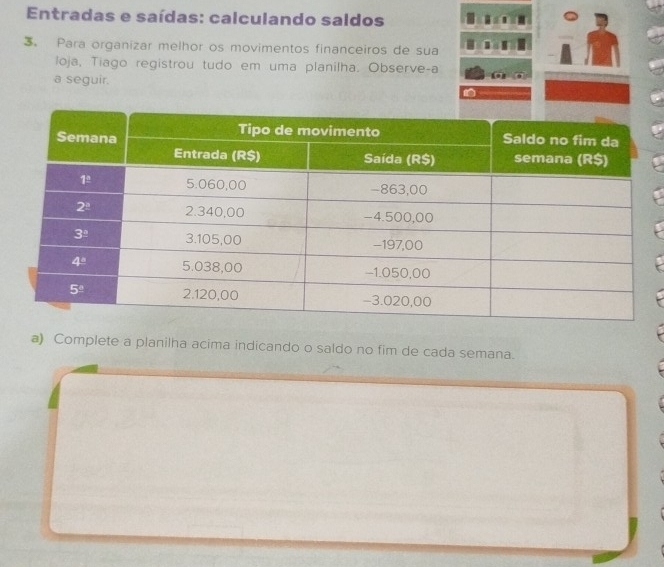 Entradas e saídas: calculando saldos
3. Para organizar melhor os movimentos financeiros de sua
loja, Tiago registrou tudo em uma planilha. Observe-a
a seguir.
a) Complete a planilha acima indicando o saldo no fim de cada semana.