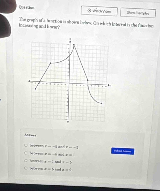 Question Watch Video Show Examples
The graph of a function is shown below. On which interval is the function
increasing and linear?
Answer
between x=-9 and x=-5 Submit Answer
between x=-5 and z=1
between x=1 and x=5
between x=5 and x=9