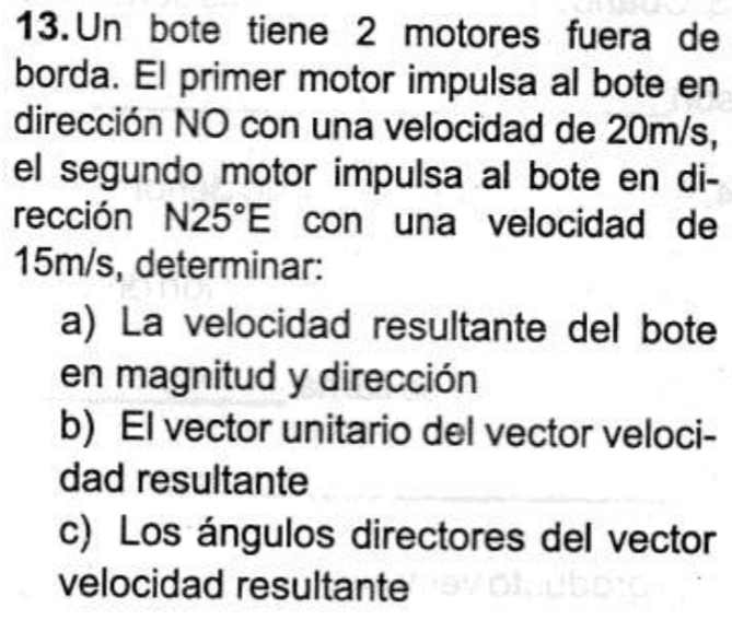 Un bote tiene 2 motores fuera de 
borda. El primer motor impulsa al bote en 
dirección NO con una velocidad de 20m/s, 
el segundo motor impulsa al bote en di- 
rección N25°E con una velocidad de
15m/s, determinar: 
a) La velocidad resultante del bote 
en magnitud y dirección 
b) El vector unitario del vector veloci- 
dad resultante 
c) Los ángulos directores del vector 
velocidad resultante