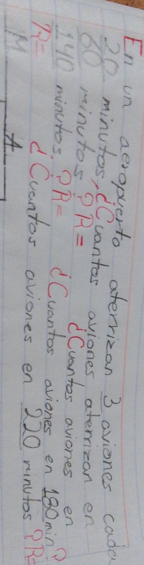 En un aeropuerto aterrizan 3 aviones cade
20 minutos, COuantas aviones, aterrizan en
60 minutos? R= dCvantos aviones en
110 minutos,? -=
Cvantos aviones en 180min?
R=
Cvantos aviones en 220 ninutos? R 
M 
A