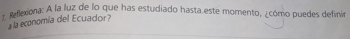 Reflexiona: A la luz de lo que has estudiado hasta este momento, ¿cómo puedes definir 
a la economía del Ecuador?