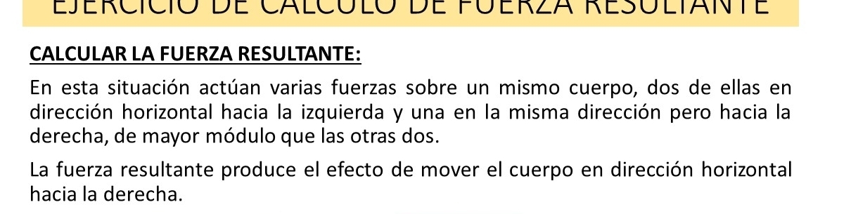 Ejercició de Calcóló de fúerza resólianté 
CALCULAR LA FUERZA RESULTANTE: 
En esta situación actúan varias fuerzas sobre un mismo cuerpo, dos de ellas en 
dirección horizontal hacia la izquierda y una en la misma dirección pero hacia la 
derecha, de mayor módulo que las otras dos. 
La fuerza resultante produce el efecto de mover el cuerpo en dirección horizontal 
hacia la derecha.