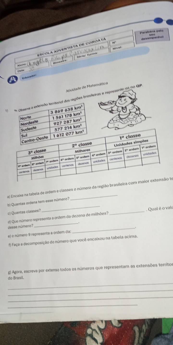 Parabéns pelo
N°
Escola adventista de coroatá
desempanhal
Nivel
imesire Bériez Turma
Aluno
Data
a Educador
Atividade de Matemática
iões brasileiras e represente-as no QP
a) Encaixe na tabela de ordem e classes o número da região braste
b) Quantas ordens tem esse número?
c) Quantas classes?
_
d) Que número representa a ordem da dezena de milhões? _. Qual é o valo
_.
desse número?
e) o número 9 representa a ordem da:
_
f) Faça a decomposição do número que você encaixou na tabela acima.
g) Agora, escreva por extenso todos os números que representam as extensões territor
do Brasil.
_
_
_
_