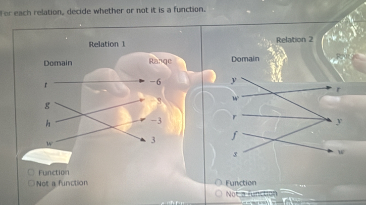 For each relation, decide whether or not it is a function.
Not a function Function
Not a funcuo