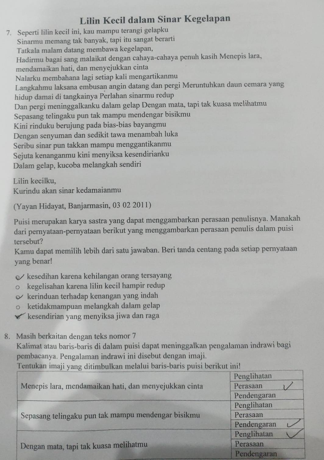 Lilin Kecil dalam Sinar Kegelapan
7. Seperti lilin kecil ini, kau mampu terangi gelapku
Sinarmu memang tak banyak, tapi itu sangat berarti
Tatkala malam datang membawa kegelapan,
Hadirmu bagai sang malaikat dengan cahaya-cahaya penuh kasih Menepis lara,
mendamaikan hati, dan menyejukkan cinta
Nalarku membahana lagi setiap kali mengartikanmu
Langkahmu laksana embusan angin datang dan pergi Meruntuhkan daun cemara yang
hidup damai di tangkainya Perlahan sinarmu redup
Dan pergi meninggalkanku dalam gelap Dengan mata, tapi tak kuasa melihatmu
Sepasang telingaku pun tak mampu mendengar bisikmu
Kini rinduku berujung pada bias-bias bayangmu
Dengan senyuman dan sedikit tawa menambah luka
Seribu sinar pun takkan mampu menggantikanmu
Sejuta kenanganmu kini menyiksa kesendirianku
Dalam gelap, kucoba melangkah sendiri
Lilin kecilku,
Kurindu akan sinar kedamaianmu
(Yayan Hidayat, Banjarmasin, 03 02 2011)
Puisi merupakan karya sastra yang dapat menggambarkan perasaan penulisnya. Manakah
dari pernyataan-pernyataan berikut yang menggambarkan perasaan penulis dalam puisi
tersebut?
Kamu dapat memilih lebih dari satu jawaban. Beri tanda centang pada setiap pernyataan
yang benar!
kesedihan karena kehilangan orang tersayang
kegelisahan karena lilin kecil hampir redup
kerinduan terhadap kenangan yang indah
ketidakmampuan melangkah dalam gelap
kesendirian yang menyiksa jiwa dan raga
8. Masih berkaitan dengan teks nomor 7
Kalimat atau baris-baris di dalam puisi dapat meninggalkan pengalaman indrawi bagi
pembacanya. Pengalaman indrawi ini disebut dengan imaji.