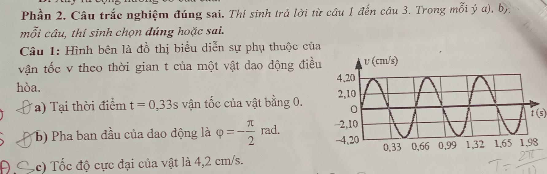 Phần 2. Câu trắc nghiệm đúng sai. Thí sinh trả lời từ câu 1 đến câu 3. Trong mỗi ý a), b). 
mỗi câu, thí sinh chọn đúng hoặc sai. 
Câu 1: Hình bên là đồ thị biểu diễn sự phụ thuộc của 
vận tốc v theo thời gian t của một vật dao động điều 
hòa. 
a) Tại thời điểm t=0,33s vận tốc của vật bằng 0.
t(s)
b) Pha ban đầu của dao động là varphi =- π /2  rad. 
le) Tốc độ cực đại của vật là 4,2 cm/s.