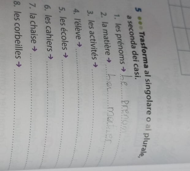 Trasforma al singolare o al plurale, 
a seconda dei casi. 
1. les prénoms_ 
2. la matière_ 
3. les activités_ 
4. l'élève_ 
5. les écoles_ 
6. les cahiers_ 
7. la chaise_ 
8. les corbeilles 
_