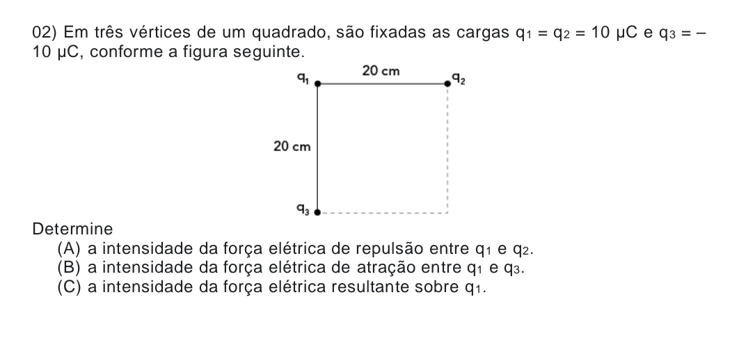 Em três vértices de um quadrado, são fixadas as cargas q_1=q_2=10 mu C C e q_3=frac 
10 μC, conforme a figura seguinte.
Determine
(A) a intensidade da força elétrica de repulsão entre q1 e q2.
(B) a intensidade da força elétrica de atração entre q1 e q3.
(C) a intensidade da força elétrica resultante sobre q1.