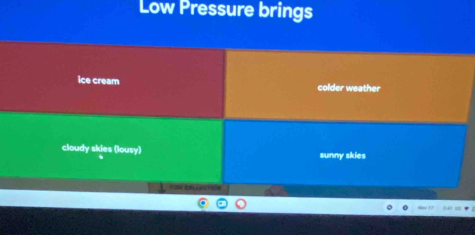 Low Pressure brings
ice cream
colder weather
cloudy skies (lousy) sunny skies