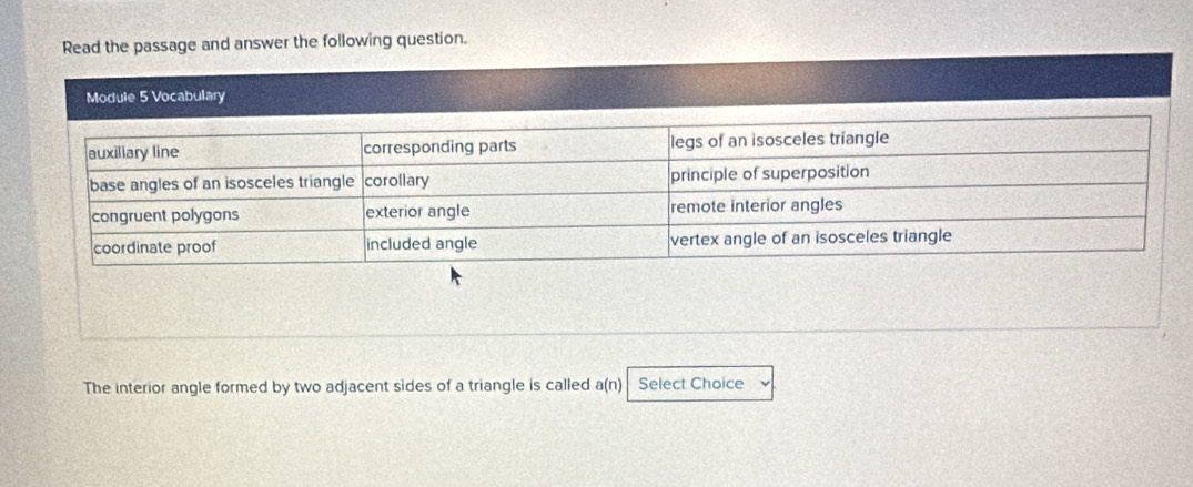 Read the passage and answer the following question. 
Module 5 Vocabulary 
The interior angle formed by two adjacent sides of a triangle is called a(n) Select Choice