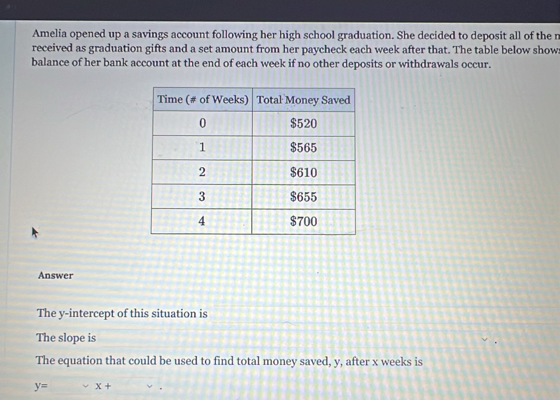 Amelia opened up a savings account following her high school graduation. She decided to deposit all of the n 
received as graduation gifts and a set amount from her paycheck each week after that. The table below show 
balance of her bank account at the end of each week if no other deposits or withdrawals occur. 
Answer 
The y-intercept of this situation is 
The slope is 
The equation that could be used to find total money saved, y, after x weeks is
y= x+