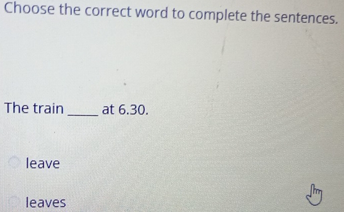 Choose the correct word to complete the sentences.
The train _at 6.30.
leave
leaves