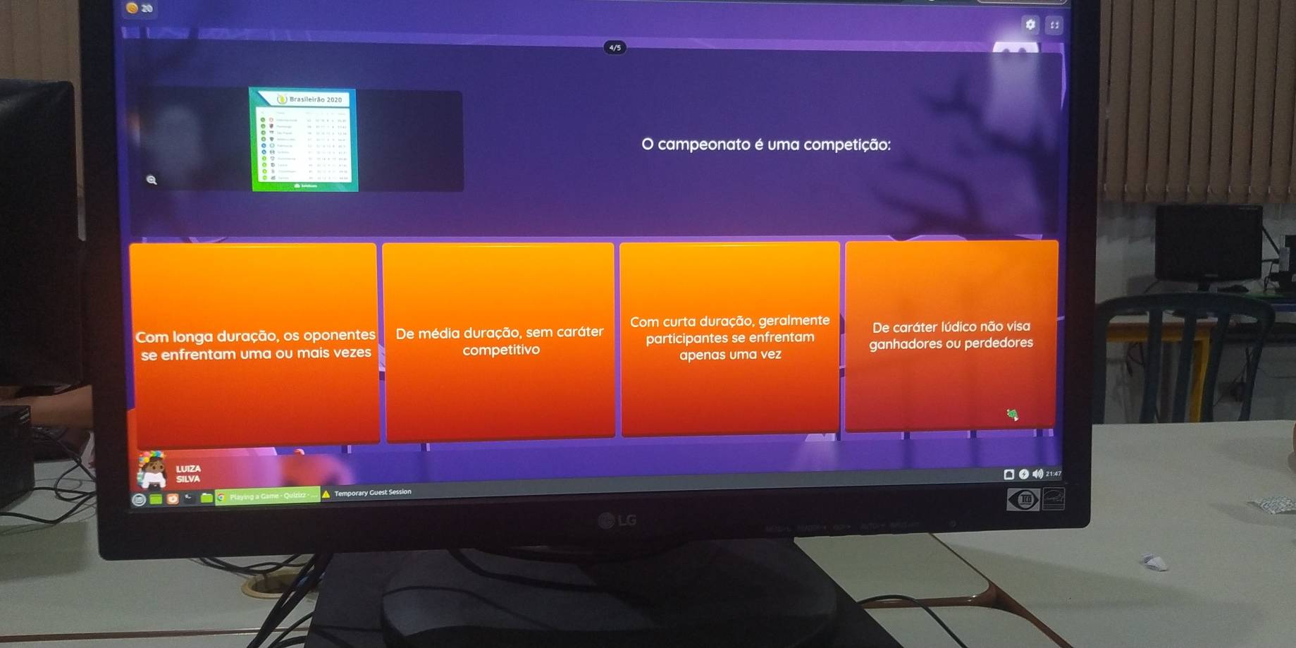 campeonato é uma competição:
Com longa duração, os oponentes De média duração, sem caráter Com curta duração, geralmente De caráter lúdico não visa
participantes se enfrentam
se enfrentam uma ou mais vezes competitivo ganhadores ou perdedores
apenas uma vez
□ の 21:47
▲ Temporary Guest Session