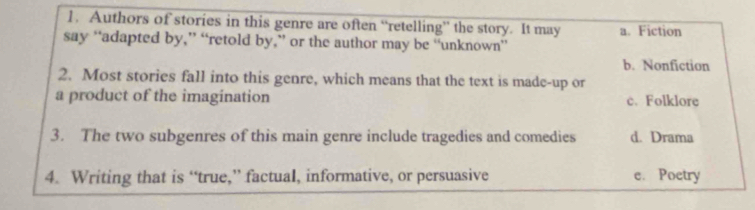 Authors of stories in this genre are often “retelling” the story. It may a. Fiction
say “adapted by,” “retold by,” or the author may be “unknown”
b. Nonfiction
2. Most stories fall into this genre, which means that the text is made-up or
a product of the imagination c. Folklore
3. The two subgenres of this main genre include tragedies and comedies d. Drama
4. Writing that is “true,” factual, informative, or persuasive e. Poetry