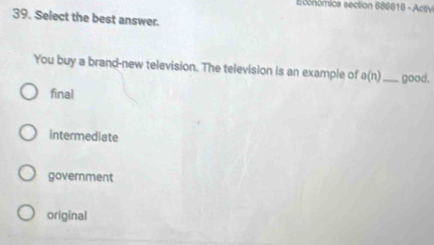 conomica section 686616 - Activ
39. Select the best answer.
You buy a brand-new television. The television is an example of a(n) _ good.
final
intermediate
government
original