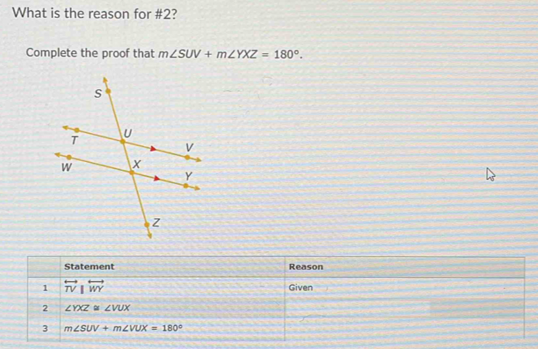 What is the reason for #2? 
Complete the proof that m∠ SUV+m∠ YXZ=180°. 
Statement Reason 
1 overleftrightarrow TV|overleftrightarrow WY Given 
2 ∠ YXZ≌ ∠ VUX
3 m∠ SUV+m∠ VUX=180°