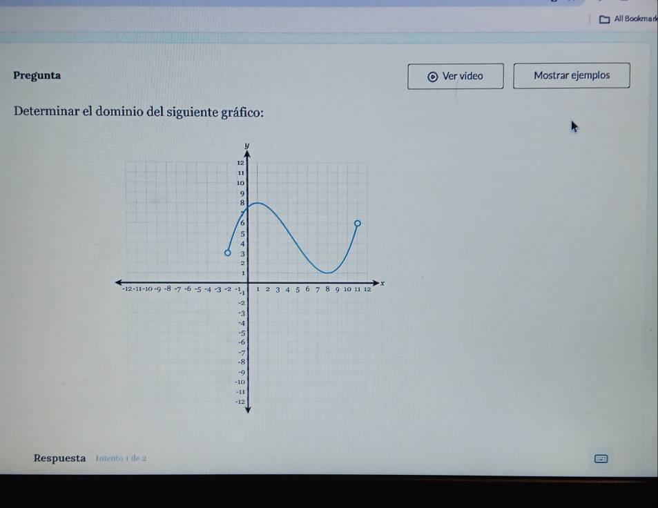 All Bookmar 
Pregunta Ver video Mostrar ejemplos 
Determinar el dominio del siguiente gráfico: 
Respuesta Intento 1 de 2