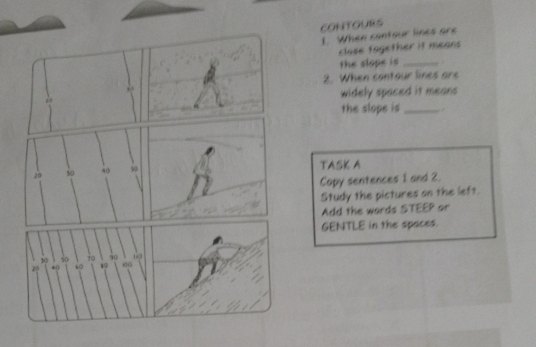 CONTOURS 
1. When contour lines are 
close tagether it means 
the slope is_ 
2. When contour lines are 
widely spaced it means 
the slope is_ .
20 50 40 50
TASK A 
Copy sentences 1 and 2. 
Study the pictures on the left. 
Add the words STEEP or 
GENTLE in the spaces.
50 50 70 90 10
29 40 60 19