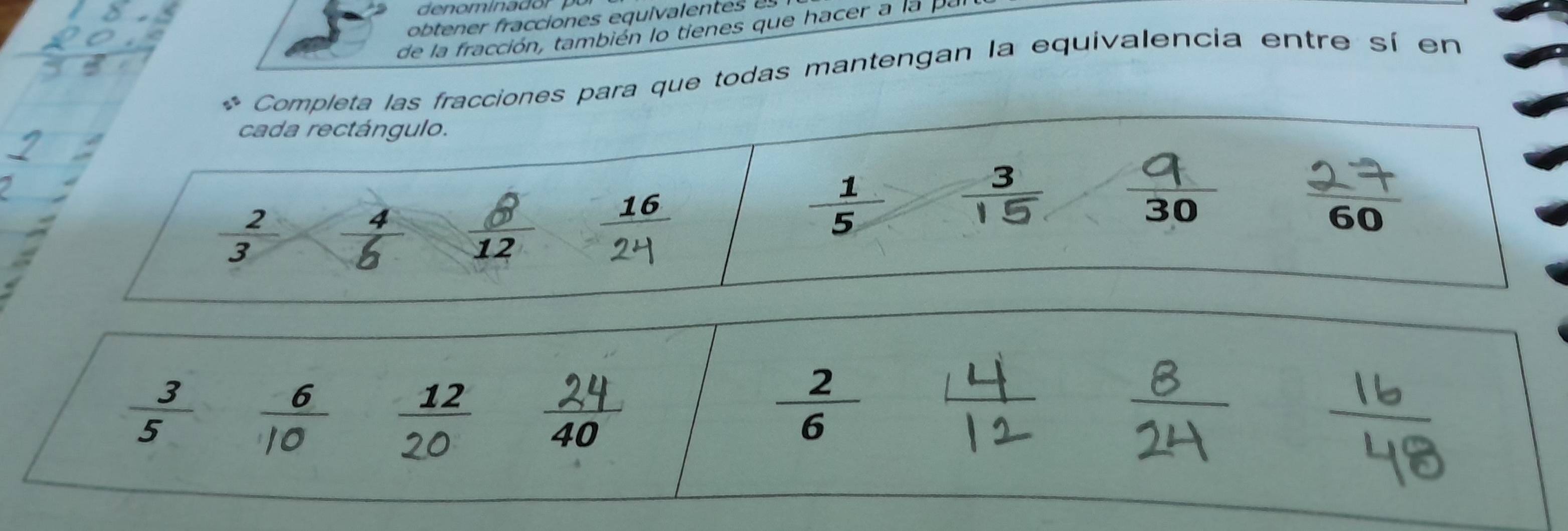 obtener fracciones equivalentes e 
de la fracción, también lo tienes que hacer a la par
s^2 Completa las fracciones para que todas mantengan la equivalencia entre sí en 
cada rectángulo.

 2/3 
_ 16
 1/5 
 2/6 
 3/5  frac 6 _ 12 ∴ 
t