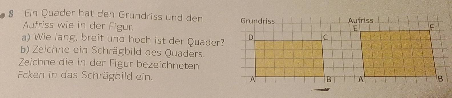 Gelöst:Ein Quader hat den Grundriss und den Grundriss Aufriss wie in ...