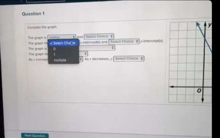 Consider the graph. 
The graph is neither ; and Select Choice 
The graph ha √ Select Cho[e x-intercept(s) and Select Choice y-intercept(s). 
The graph is 0
: 
The graph ha 1  4/9 
As xincrease multiple $ As x decreases, y Select Choice 
Next Question